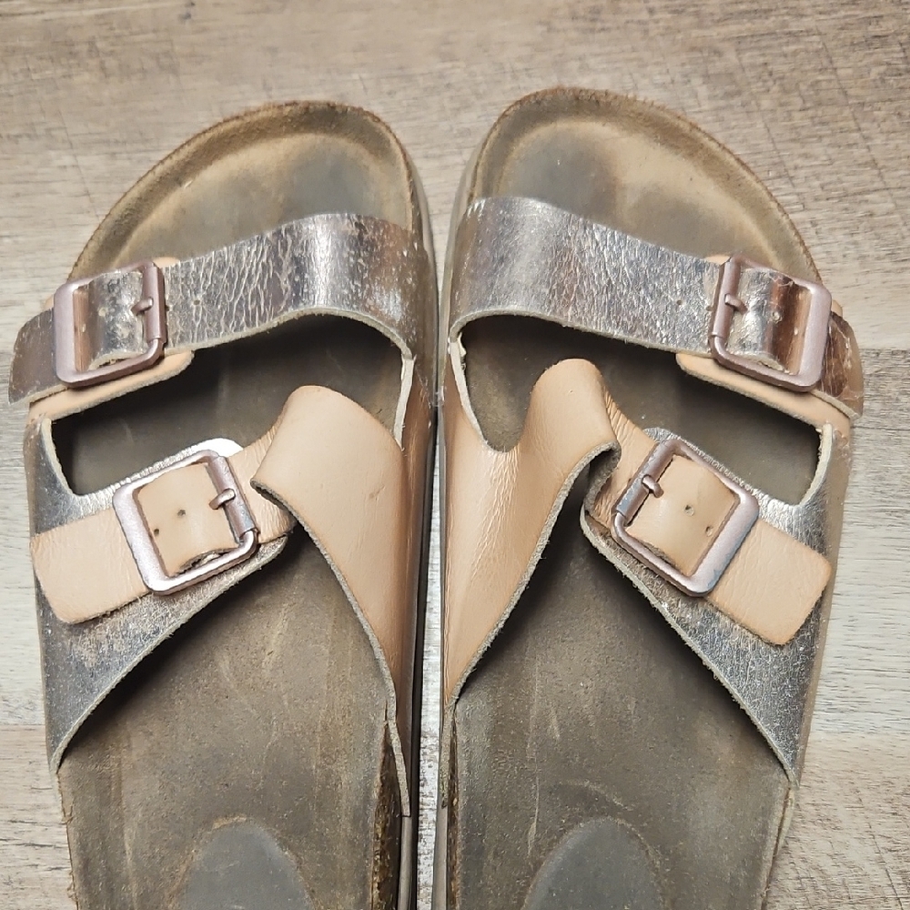 Metallic and Tan Buckle Sandals